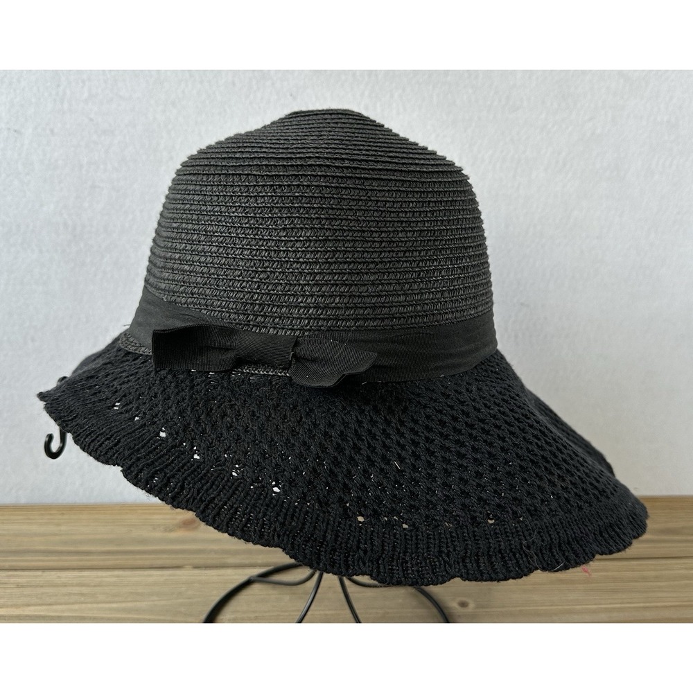 Ellen Tracy Crochet Sun Hat Black Straw Summer Classy Old Money O/S